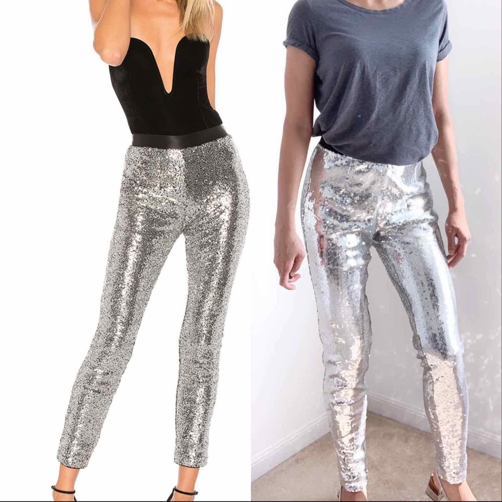 High Waist Metallic Sequins Pants